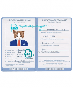 Spain cat (animal, pet) passport PSD template, completely editable