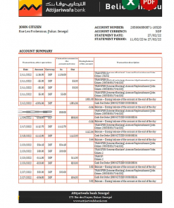 Senegal Attijariwafa bank statement, Excel and PDF template