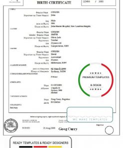 Australia New South Wales birth certificate template in Word format, version 2