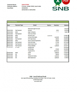 Saudi Arabia SNB bank statement, Excel and PDF template