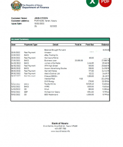Nauru Bank of Nauru bank statement Excel and PDF template