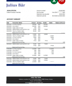 Monaco Julius Bar bank statement Excel and PDF template