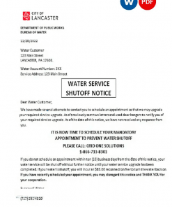 USA Lancaster Water service utility bill shutoff notice Word and PDF template