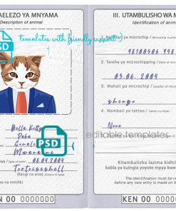 Kenya cat (animal, pet) passport PSD template, completely editable