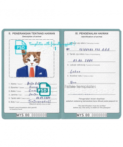 Malaysia cat (animal, pet) passport PSD template, completely editable