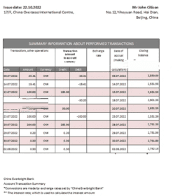 China Everbright Bank statement .xls and .pdf template, completely editable (AutoSum)