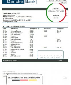 Lithuania (Litva) Danske bank statement template in Word and PDF format