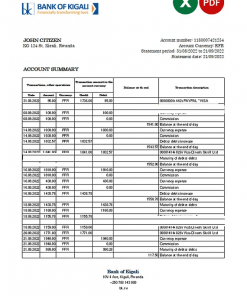 Rwanda Bank of Kigali bank statement, Excel and PDF template