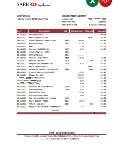 Saudi Arabia SABB bank statement, Excel and PDF template