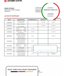 Uzbekistan Ziraat Bank statement template in Word and PDF format
