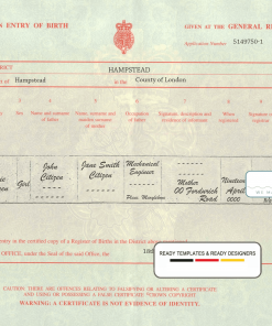 United Kingdom birth certificate template in PSD format, fully editable