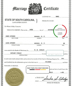 USA South Carolina marriage certificate template in PSD format