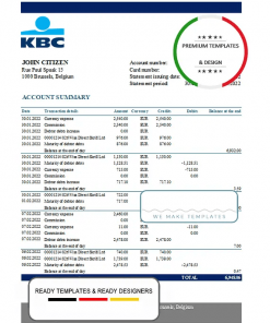 Belgium KBC bank statement template in Excel and PDF format