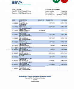 Colombia BBVA bank statement Excel and PDF template (AutoSum)