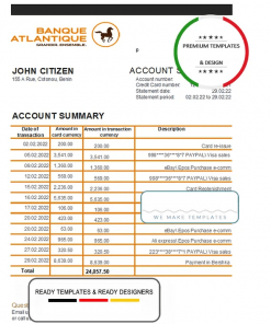 Benin Banque Atlantique bank statement template in Excel and PDF format