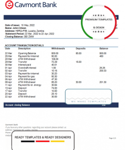 Zambia Cavmont bank statement template in Word and PDF format