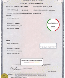 USA Florida state marriage certificate template in PSD format