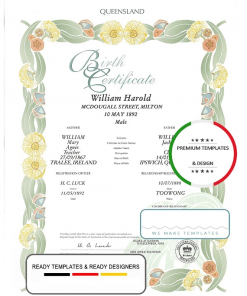Australia Queensland decorative (commemorative) birth certificate template in PSD format, fully editable