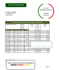 Bolivia Banco Ganadero bank statement template in Excel and PDF