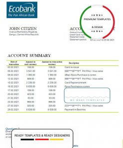 Central African Republic Ecobank bank statement template in Word and PDF format