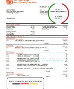 Guyana Bank of Baroda bank statement template in Word and PDF format