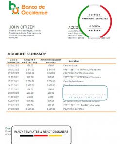 Honduras Banco de Occidente Bank statement template in Word and PDF format