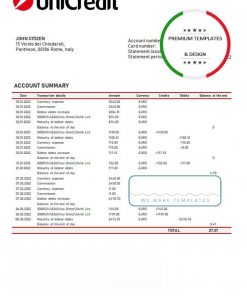 Italy Unicredit statement template in .doc and .pdf format, fully editable