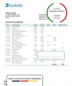 Kuwait Burgan bank statement template in Word and PDF format, fully editable