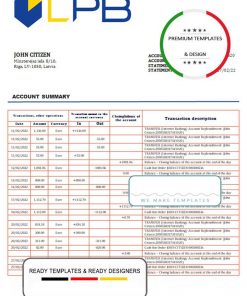 Latvia LPB bank statement template, Word and PDF format (.doc and .pdf)