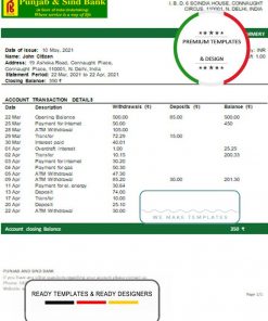India Punjab and Sind Bank statement template in Word and PDF format