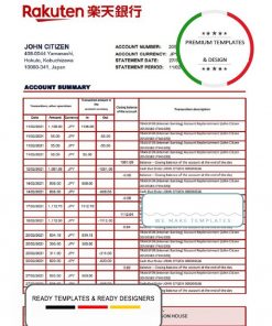 Japan Rakuten bank statement template in Excel and PDF format