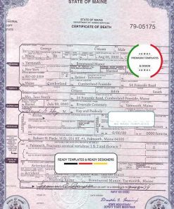 USA Maine state death certificate template in PSD format, fully editable