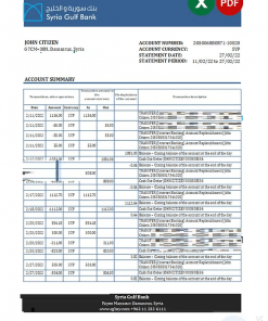 Syria Gulf bank statement, Excel and PDF template