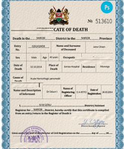 Kenya vital record death certificate PSD template, fully editable