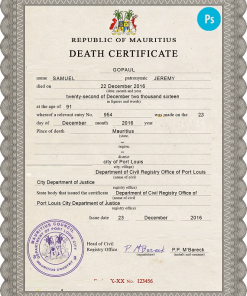 Mauritius vital record death certificate PSD template
