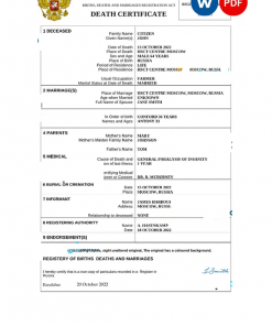 Russia death certificate Word and PDF template, completely editable