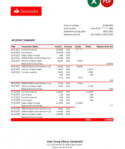 Spain Santander bank statement, Excel and PDF template