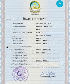 Angola vital record death certificate PSD template, completely editable