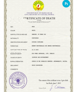 Madagascar vital record death certificate PSD template, fully editable