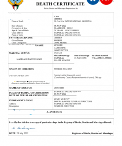 Kuwait death certificate Word and PDF template, completely editable