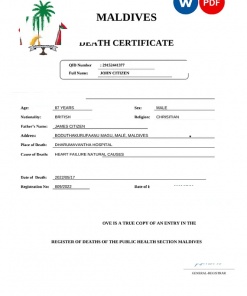 Maldives vital record death certificate Word and PDF template