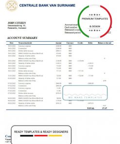 Suriname Centrale Bank Van Suriname bank statement template in Word and PDF format