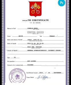 Holy See vital record death certificate PSD template, fully editable