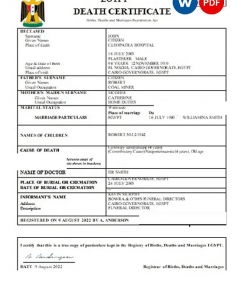 Egypt vital record death certificate Word and PDF template