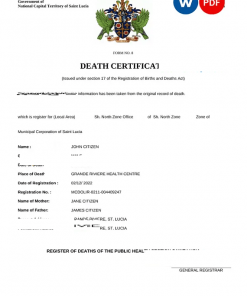 Saint Lucia death certificate Word and PDF template, completely editable