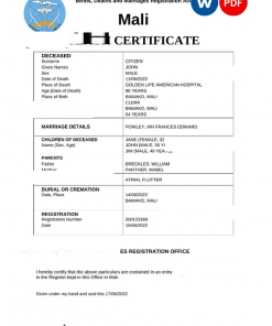 Mali vital record death certificate Word and PDF template