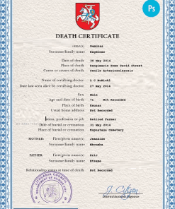 Lithuania death certificate PSD template, completely editable