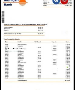 USA Eastern Michigan bank account statement Word and PDF template