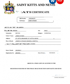 Saint Kitts and Nevis vital record death certificate Word and PDF template