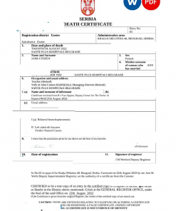 Serbia death certificate Word and PDF template, completely editable